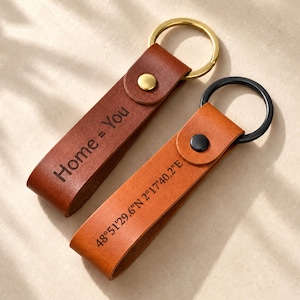 Peut inclure: Deux porte-clés en cuir avec des anneaux métalliques. Le porte-clés marron foncé possède un bouton-pression doré et le texte Home = You. Le porte-clés marron clair possède un bouton-pression noir et le texte 48°51'29.6"N 2°17'40.2"E gravé.