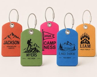 Engraved Leather Luggage Tag, Custom Travel Backpack Name Tag, Summer Camp Hiking Accessory