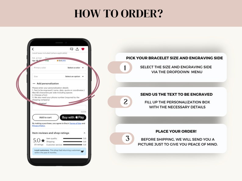 how to place your order? Select the size and engraving side from the drop-down menu, then write the text that will be engraved on the keychain and bracelet, then add your order to the cart and that's it!!