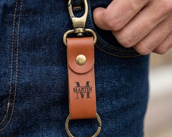 Personalized Leather Keychain with Carabiner, Engraved Monogram Key Fob