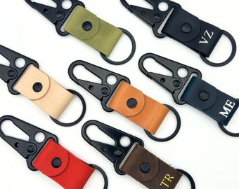 Custom Tactical Keychain Leather Monogram for Men, EDC Black Key Holder, Clip Keyring Hook Leather Accessory Gift