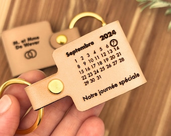 Llavero de cuero personalizado con calendario, regalo de aniversario, llavero para parejas con fecha especial.