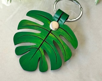 Monstera Leaf Leather Keychain, Tropical Bag Charm, Handmade Monstera Deliciosas Keyring Gift, Natural Lover Keyfob