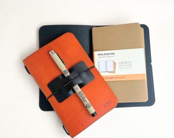 Personalized Leather Notebook Cover with Pen Holder, Field Notes & Pocket Moleskine Refillable Traveler's Journal