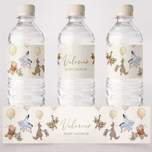 Etiqueta de botella de agua clásica de Winnie The Pooh Decoración de baby shower neutral de género Pooh vintage Etiqueta de botella de Pooh Plantilla imprimible editable