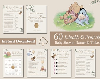 Winnie The Pooh Baby Shower Games Bundle Classic Gender Neutral Winnie Bingo Printable Card Vintage Winnie Bear Digital Game Editable Print