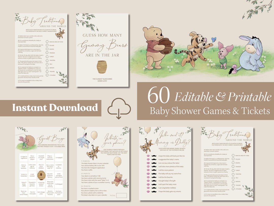 Classic Winnie the Pooh Baby Shower Game Bundle Vintage Winnie Pooh ...
