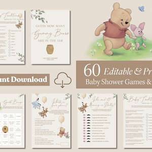 Classic Winnie The Pooh Baby Shower Games Bundle Vintage Gender Neutral Themed Bingo Printable Card Winnie Bear Digital Game Editable Print