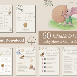 Classic Winnie The Pooh Baby Shower Game Bundle Gender Neutral Baby Shower Bingo Trivia Digital Download Vintage Winnie The Pooh Game Bundle