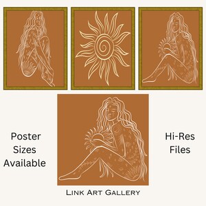 Rustbrown Boho, Rustbrown Boho Rust, Rustbrown Prints Boho, Collection of 3 Prints, Woman in two poses and the sun, Digital Print