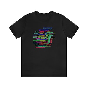 May include: A black t-shirt with a colorful word cloud design featuring terms related to data science and machine learning, including "Feature Selection", "Regression Analysis", "Sampling Bias", and "ANOVA".