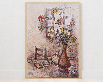 Floral Wall Art | Digital printing | Neutral Still Life Oil Painting | Flower Art Print | Vintage | Printable Art | Original painting | Gift