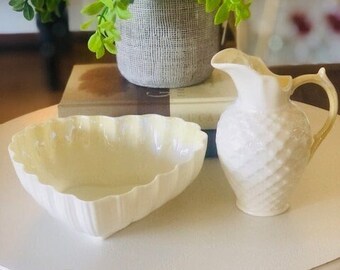 Vintage Belleek Ireland Porcelain Heart Shaped Scalloped Bowl/Dish, and Vintage Belleek Ireland Honeycomb Creamer, Sold as a Set of 2.