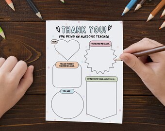 May include: A printable thank you card for teachers with a heart, star, and two blank spaces for writing. The card has a pink, blue, and green polka dot background and the text "Thank You! For being an awesome teacher."