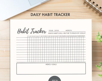 Printable Monthly Habit Tracker, Goal Tracker (PDF), Canva Template