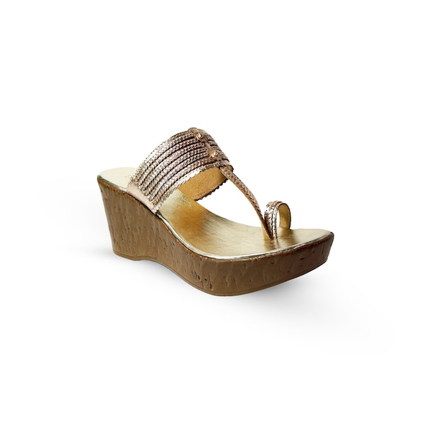 Bonahide Handcrafted Women's Genuine Leather Gold Kolhapuri Sandal with Cork Wedge, Mother's Day Gift