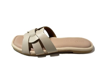 Bonahide Handcrafted Women Brown Beige Color Leather Sandals, Summer Sandals, Genuine Leather Sandals, Slide On Sandals, Mother's Day Gift