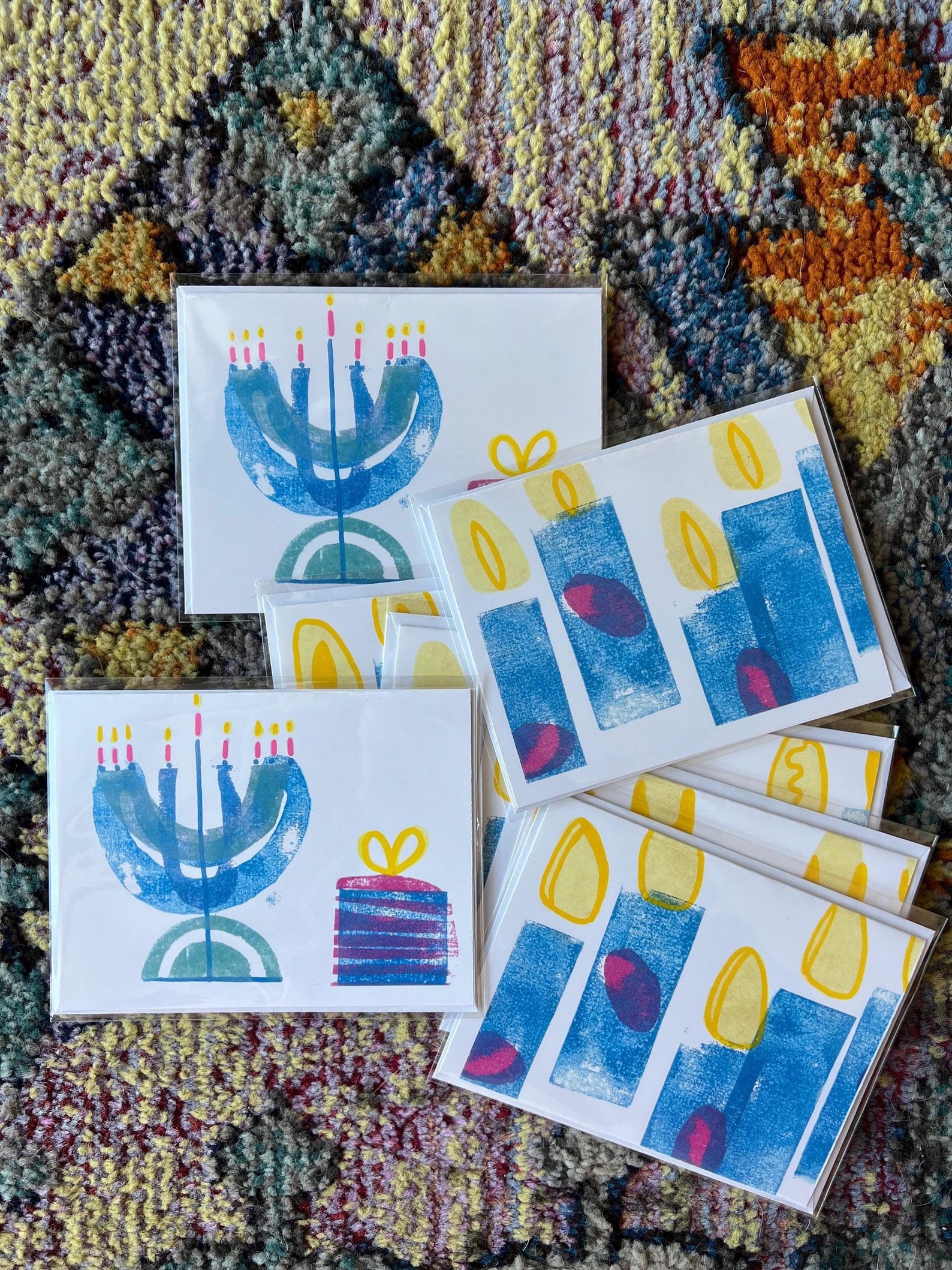 Hanukkah Greeting Card Set Handmade | Handmade Menorah Greeting Cards Pack | Unique Chanukkah Arts Gift | Handstamped & Drawn