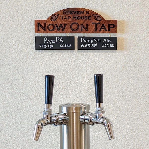 Customizable Homebrew On Tap Sign with 2 Removable Chalkboards - Solid Walnut