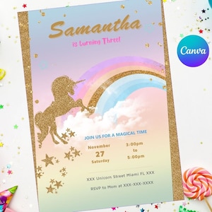 Convite Unicórnio | Fácil editável | Impressão digital | Convite de aniversário | Modelo de Canva Digital | Canva editável