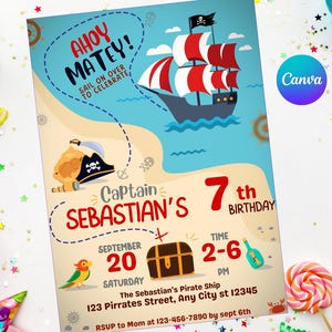 Invitación de cumpleaños pirata / Fácil de editar / Imprimible digitalmente / Invitación a fiesta de cumpleaños / Plantilla editable de Canva / Invitación a navegar