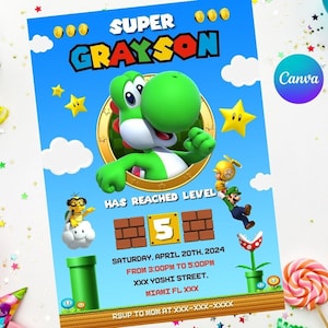 Invitación de cumpleaños de Yoshi, fácil de editar, descarga instantánea, digital e imprimible - Invitación de Super Mario Bros Wonder