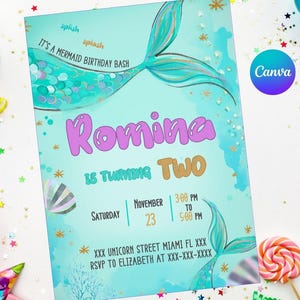 Convite de sereia | Fácil editável | Digital imprimível | Convite para festa de aniversário | Modelo digital Canva | Canva editável