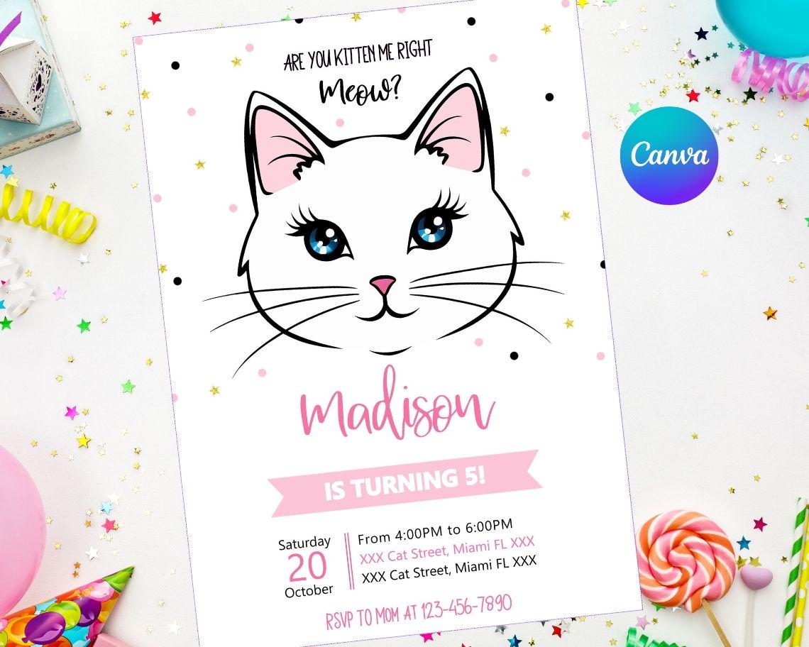 kitty Cat Birthday Invitation | Easy Editable | Digital Printable | Birthday Party Invite | Digital Canva Template | Editable Canva