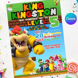 Invitation d'anniversaire Bowser facile à modifier en téléchargement numérique imprimable - Invitation Wonder de Super Mario Bros