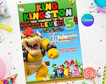 May include: A vibrant invitation card featuring Bowser and other Super Mario Bros. characters. The text reads "King Kingston Has Powered Up To Level 5". The invitation includes event details such as date, time, and location.