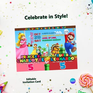 Gemeinsame Geburtstagseinladung von Mario Peach, Zwillinge Geschwister (bearbeitbare Canva-Vorlage, digitaler Download)