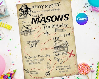 May include: Ahoy Matey! A pirate-themed birthday invitation for Captain Mason's 7th birthday party. The invitation features a treasure map with a pirate ship, a treasure chest, and a sword. The party is on September 16th from 2 PM to 6 PM at The Smith's Pirate Ship, XXX Pirates Street, Miami FL XXX. RSVP to Mom at XXX-XXX-XXXX by September 6th.