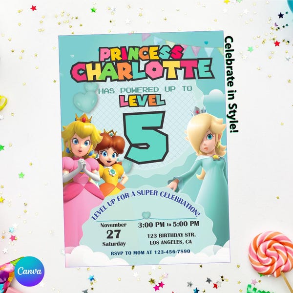 Invitación de cumpleaños de la Princesa Rosalina, temática de Super Mario Galaxy (plantilla de Canva imprimible y editable)