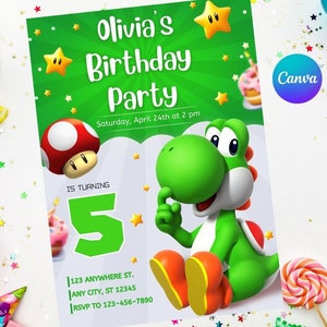 Invito di compleanno di Yoshi facile modificabile download immediato stampabile digitale - invito meraviglioso di Super Mario Bros