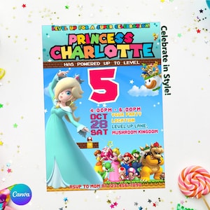 Princess Rosalina Birthday Invitation, Super Mario Galaxy Theme (Digital Printable, Editable Canva Template)