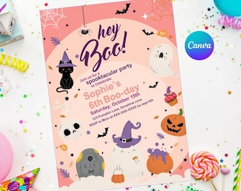 May include: A pink and purple Halloween party invitation with the text "hey Boo!" and "Sophie's 6th Boo-day". The invitation features a black cat, a ghost, a pumpkin, a cauldron, and a tombstone.