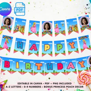 Editable Princess Peach Birthday Banner | Super Mario Party Flags | Pink Girl Gamer Decor | A-Z Letters + Numbers | Instant Download