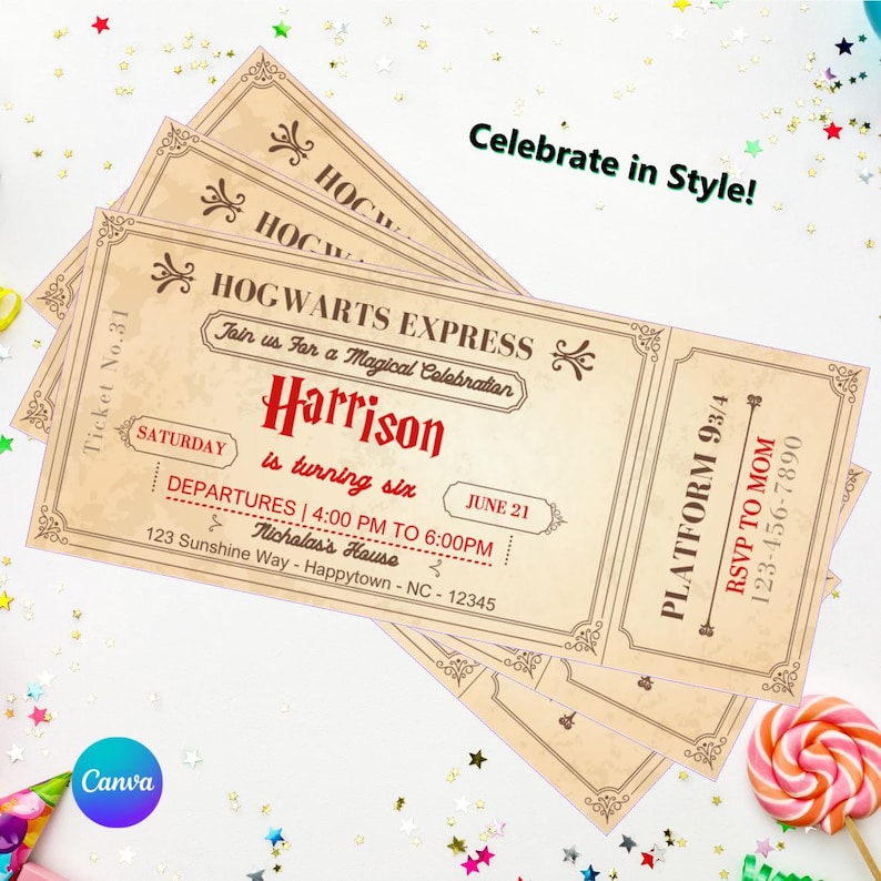 Hogwarts Ticket Invitation | Easy Editable | Digital Printable | Birthday Party Invite | Editable Canva Template image 1