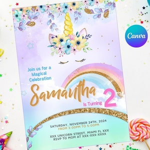Convite Unicórnio | Fácil editável | Impressão digital | Convite de aniversário | Modelo de Canva Digital | Canva editável
