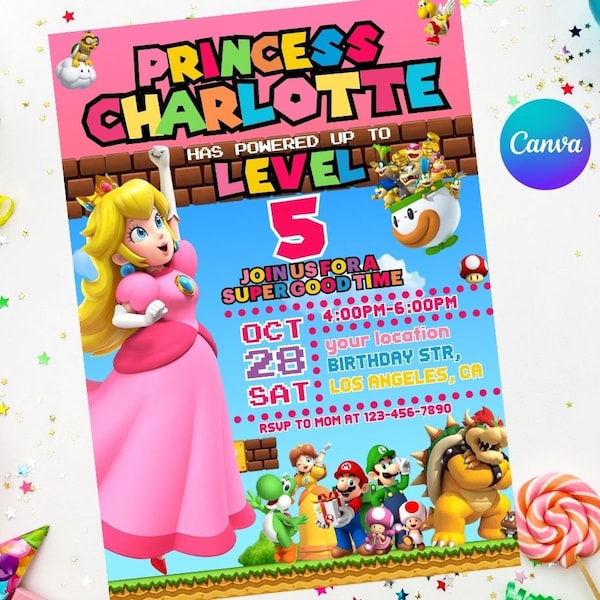 Invito di compleanno della principessa Peach Facile modificabile Download immediato Stampabile digitale - Super mario principessa compleanno super mario meraviglia