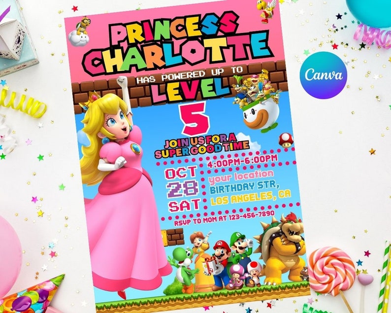 Princess Peach Birthday Invitation Easy Editable Instant Download Digital Printable Super mario princess birthday super mario wonder image 1