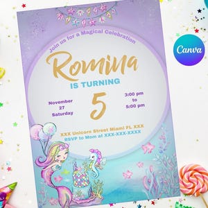 Convite de sereia | Fácil editável | Digital imprimível | Convite para festa de aniversário | Modelo digital Canva | Canva editável