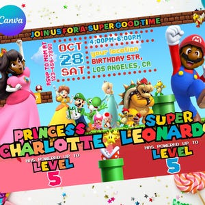 Convite de aniversário conjunto Mario Peach, aniversário de irmão, afro-americano, gêmeos, menino e menina, edição fácil, download instantâneo, impressão digital