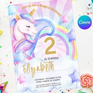 Convite Unicórnio | Fácil editável | Impressão digital | Convite de aniversário | Modelo de Canva Digital | Canva editável