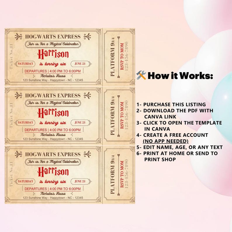 Hogwarts Ticket Invitation | Easy Editable | Digital Printable | Birthday Party Invite | Editable Canva Template image 4