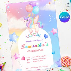 Convite Unicórnio | Fácil Editável | Digital Imprimível | Convite para Festa de Aniversário | Modelo Digital Canva | Canva Editável