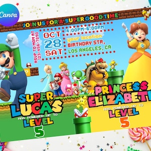 Faire-part d'anniversaire commun Luigi Daisy pour frères et sœurs, double, jumeaux, garçon et fille, édition facile, téléchargement numérique imprimable Mario