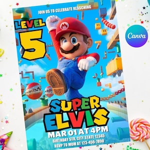 Convite de aniversário editável do Mario • Convite de aniversário do Mar io • Modelo de convite para impressão