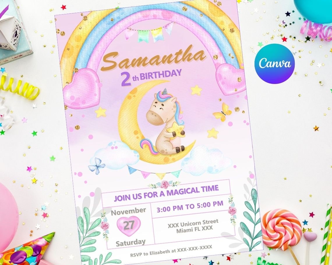 Unicorn Invitation | Easy Editable | Digital Printable | Birthday Party ...