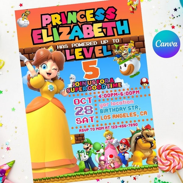 Princess Daisy Birthday Invitation Easy Editable Instant Download Digital Printable - Super mario princess birthday super mario wonder